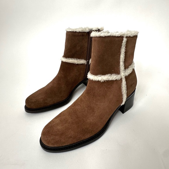 BROWN SUEDE LEATHER SHEARLING SHORT BOOTS by Markon Zipped with Heel Size- 9 1/2 - Picture 13 of 13